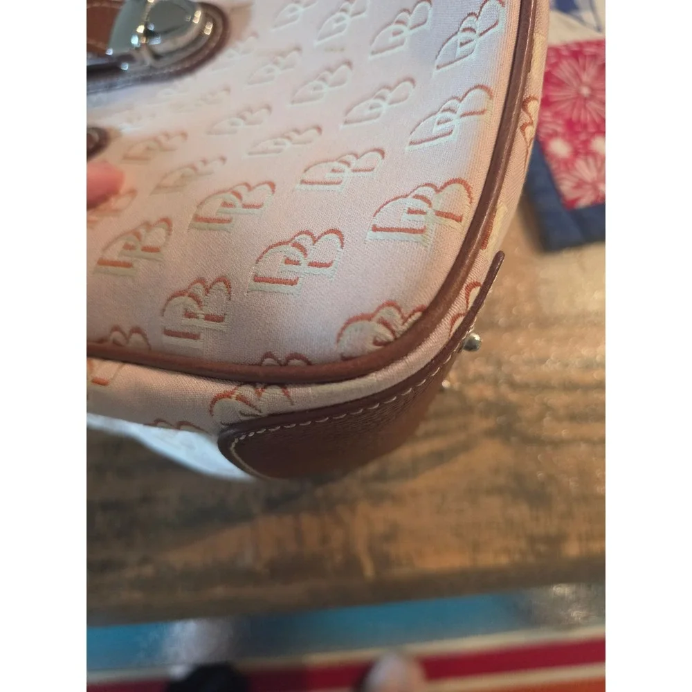 Dooney & Bourke Signature Monogram Beige Canvas Satchel Bag Brown Leather Trim